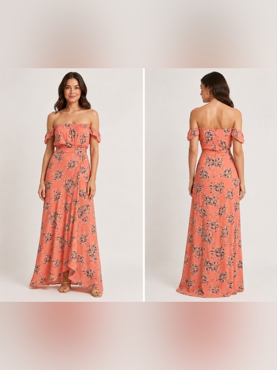 Flynn Skye Dresses & Skirts - Flynn Skye Bella Coral Floral Off-Shoulder Maxi Wrap Dress S Small